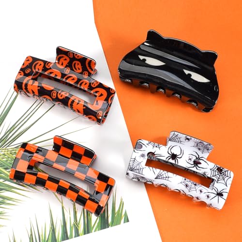 Budsmile 4PCS Halloween Hair Claw Clips – Pumpkin Spider Web Cat Lattice Nonslip Orange Pack