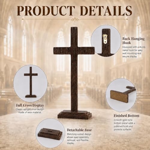 Rustic Distressed Standing Cross - 11 Inch Dark Wood Grain Resin Decor