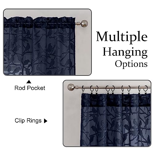 Navy Blue Sheer Curtains 84 Inches - 2 Panel Jacquard Drapes