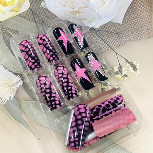 FIEONCIY Star Rhinestone Press On Coffin Nails - Glossy Full Cover Square Fake Manicure
