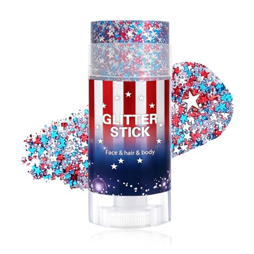 Patriotic Body Glitter Stick with Star,4th of July Outfits and Accessories,250th Anniversary Sparkling Face Hair Glitter Makeup for Women,Fourth of July Red White Blue Waterproof Hair Glitter