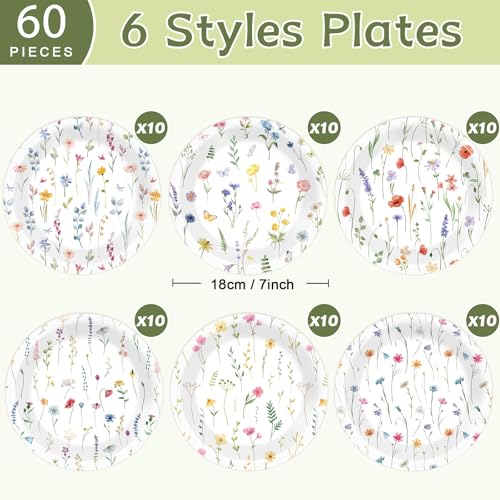 60-Pack Wildflower Paper Plates - 7-Inch Floral Dessert Plates for Parties