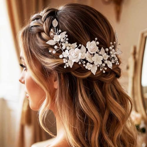 Silver Pearl Flower Bridal Hair Vine for Wedding and Prom