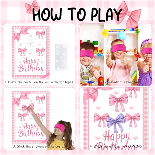 Pin The Bow Party Game Set - Pink Poster & Stickers for Kids