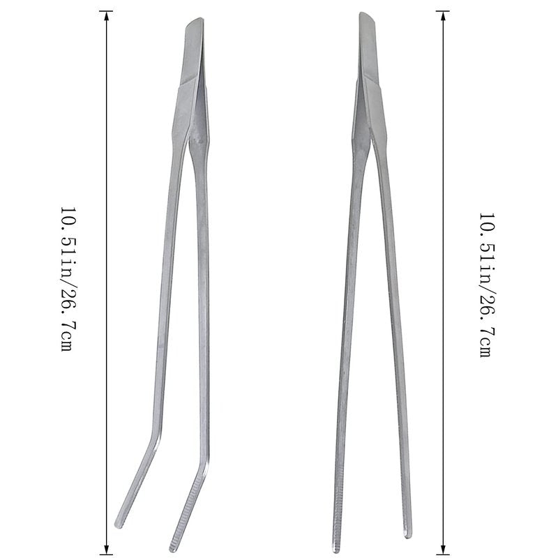 2 Pcs Feeding Tongs, Aquarium Tweezers Stainless Steel Straight and Curved Tweezers Set 27cm/10.6 inches Aquascaping Tools for Hold Worms, Reptiles, Lizards, Bearded Dragon (Silver)