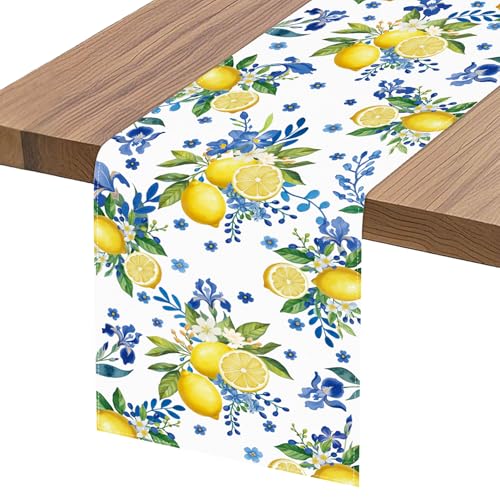 Lemon & Blue Floral Table Runner - 90 x 13 Inch Linen Fabric