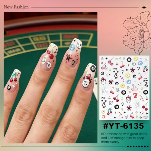 SKYCLOUD Self-Adhesive 3D Nail Stickers - Pool Balls & Dice Design, Lucky 7, Casino Theme, 3 Sheets - Nails Sticker-zh513