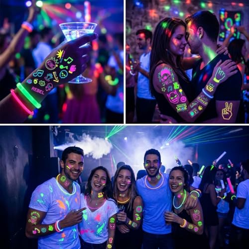 Glow in the Dark Temporary Tattoos - 10 Sheets UV Reactive Neon Designs
