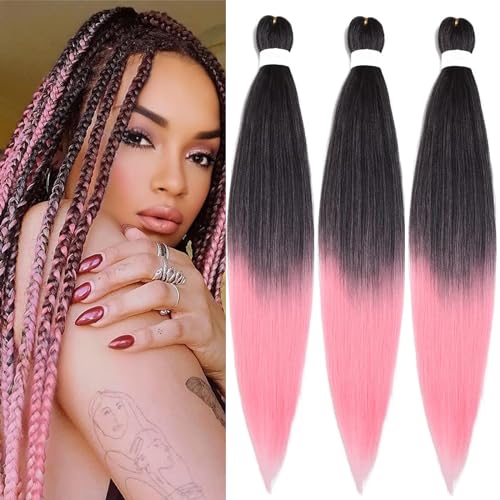 Pre-Stretched Braiding Hair for Women - Black to Pink, 16 Inch, 3 Packs