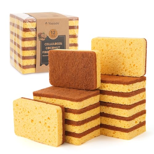 Yocada Biodegradable Kitchen Sponge 12 Pack - Dual-Action Scrubber