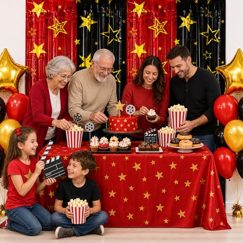Movie Night Foil Fringe Curtains Backdrop - 2 Pack, 3.3 x 6.6 Ft Red & Black