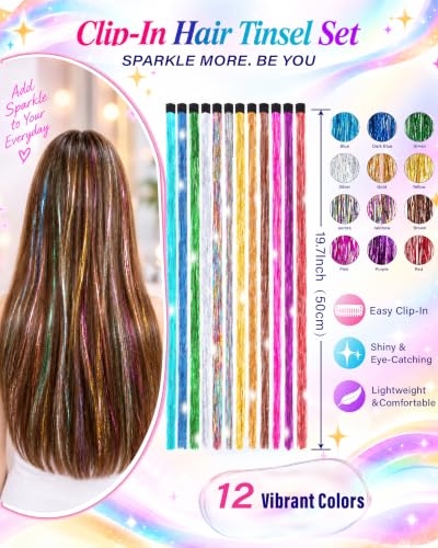 Edoneery Colorful Fairy Hair Tinsel Clip-In Extensions 19.7 Inch for Party & Festival