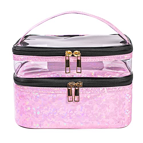 FITINI Double Layer Travel Makeup Bag, Water-Resistant Cosmetic Organizer
