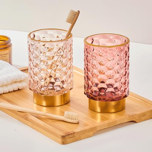 Pink Multifunctional Glass Brush Holder & Toothbrush Cup with Gold Base