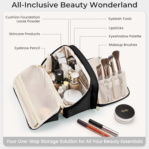 Travel Makeup Bag for Women Large Capacity Waterproof Organizer with Brush Holders - Black