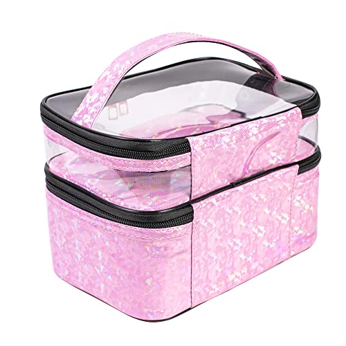 FITINI Double Layer Travel Makeup Bag, Water-Resistant Cosmetic Organizer