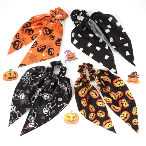 Halloween Hair Scrunchies Set - 4 Pcs with Ribbon Bow, Color 34
