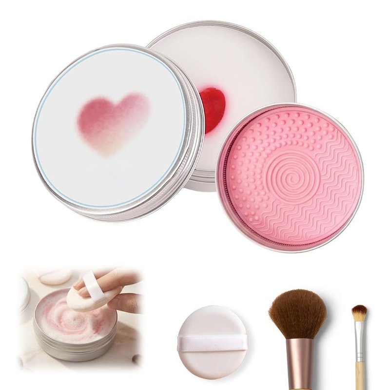 Makeup Brush Cleaner Soap - 2-in-1 Solid Balm with Silicone Cleaning Pad | Deep Clean Waterproof Makeup for All Brushes & Sponges (Heart 100g)
