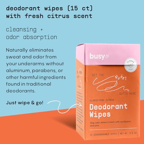 BusyCo Refresh Line Deodorant Wipes - Fresh Citrus, 15 Count - Zinc & Probiotics for Odor Control