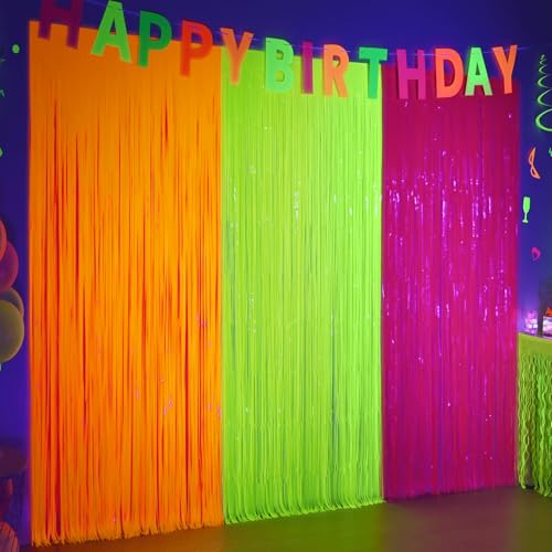 Mega-Loopolis Neon Fringe Curtains - 3 Pack Glow in The Dark Backdrop, 9.9 x 6.6 ft Tinsel for Parties