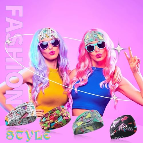 Retro 80s 90s Neon Headbands - 4 Pack Elastic Hairbands for Sports