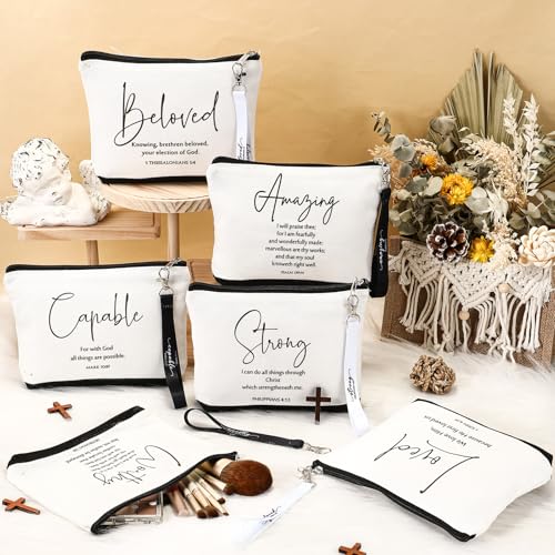 Huhumy Christian Makeup Bag Set with Inspirational Words, Black & White, 12 Pcs