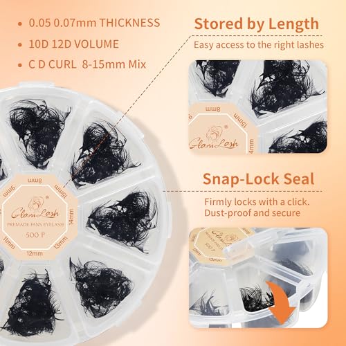 500 Premade Lash Fans 10D 0.07C Curl 8-15mm Mix - GLAMLASH