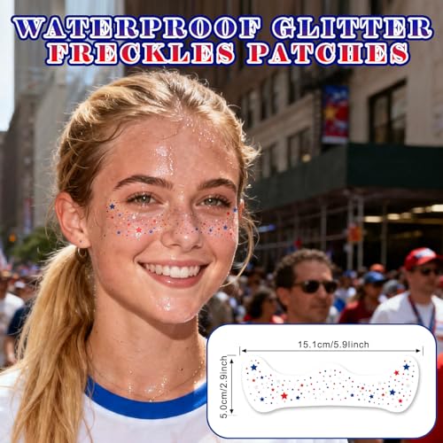 4th of July Red White Blue Glitter Freckles Face Tattoos, Patriotic Star Face Tattoo, July 4th Accessories for Women, Independence Day USA Face Sparkles Makeup, 8 PCS