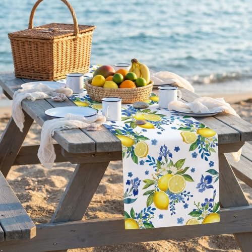Lemon & Blue Floral Table Runner - 90 x 13 Inch Linen Fabric