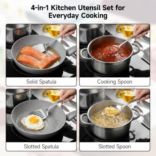 4-Piece Stainless Steel Cooking Utensils Set - Spatula & Spoons