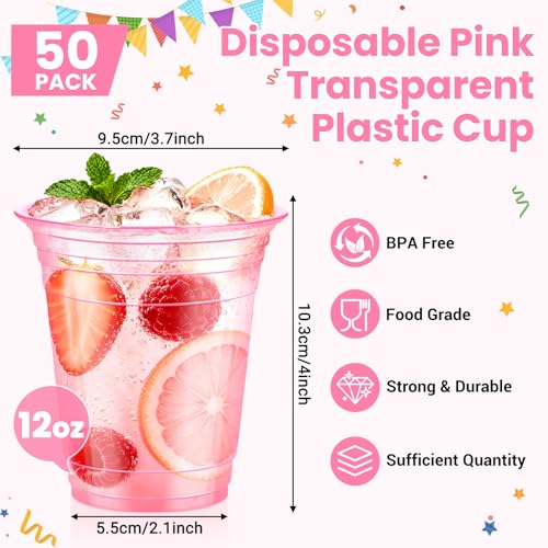 50 Pcs Clear Pink 12 oz Disposable Party Cups for Events