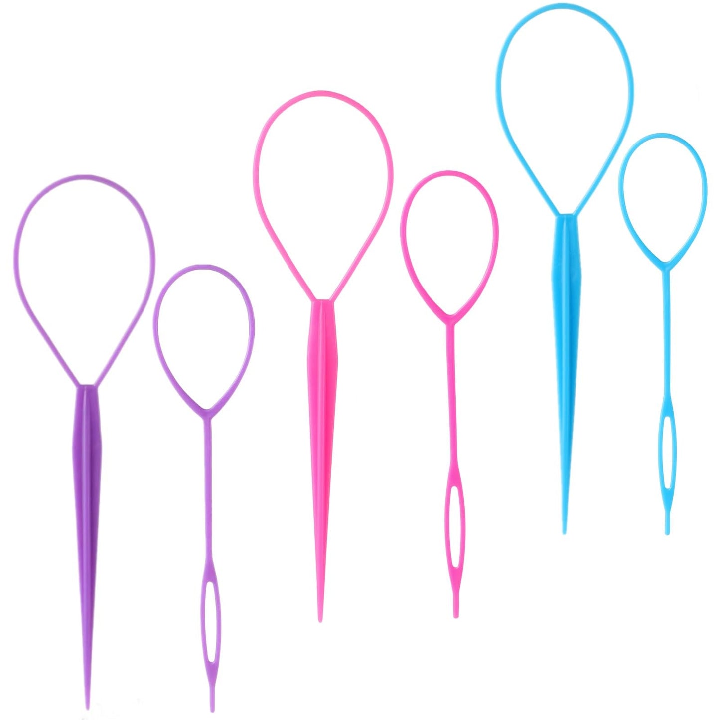 Schembo Topsy Tail Hair Tool Set - 6pcs Loop Styling Tool, Ponytail Pull Through, Two Sizes, 3 Colors (Pink/Purple/Blue) for Women, Girls & Kids