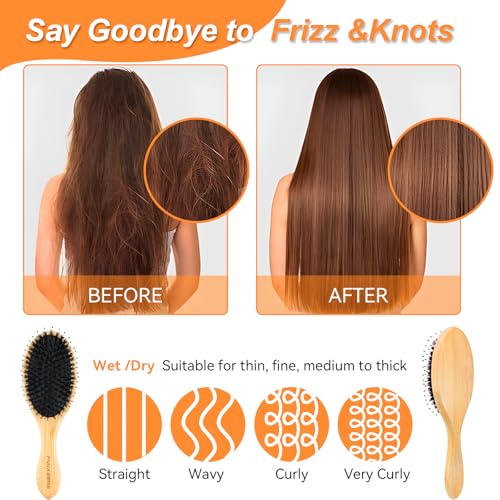 Boar & Nylon Bristle Hair Brush Set for All Hair Types - Detangles & Smoothes