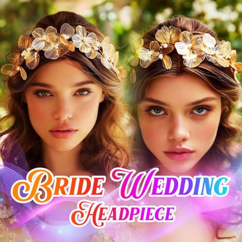 Unicra Gold Bridal Wedding Hair Vine with Pearls & Flowers - Elegant Headpiece for Brides & Women