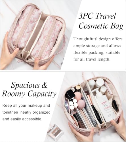 Pink Rose Medium Travel Makeup Bag - Large Capacity Puffy Cosmetic Organizer for Women