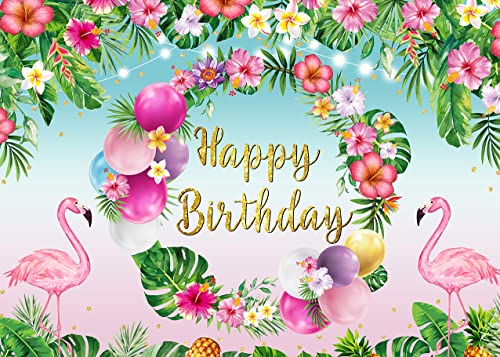 Tropical Hawaiian Birthday Backdrop - Flamingo & Palm Leaves 7x5FT
