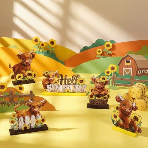 Highland Cow Wooden Table Decorations - 5 Pcs Rustic Signs