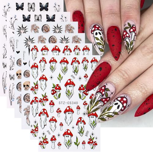 GCSQW Ghost Mushroom 6 Sheets Halloween Nail Stickers – 3D Skull, Butterfly & Rose Nail Decals