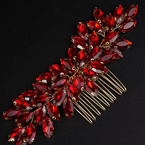 Teyglen Red Rhinestone Bridal Hair Comb Wedding Accessories for Women & Girls