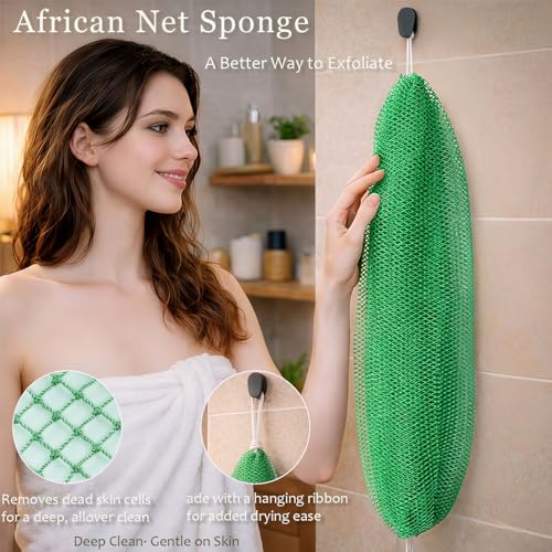 HAITOO African Net Sponge Exfoliating Body Scrubber - 4 Pack (Black, Olive Green, Pink, Champagne Gold)