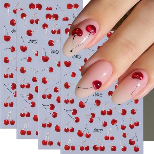 Cherry Nail Stickers Set - 4 Sheets Self-Adhesive Decals