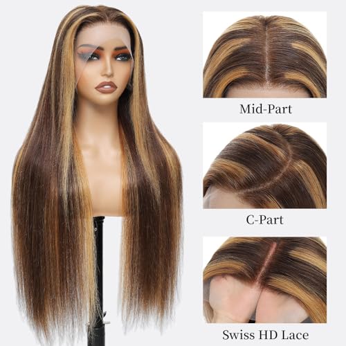 Highlight Ombre Lace Front Wig Human Hair 13x6 HD Lace Frontal Real Virgin Human Hair Wig 4/27 Colored Honey Blonde Straight Wigs Human Hair Pre Plucked Tangle-Free 200 Density 26 Inch
