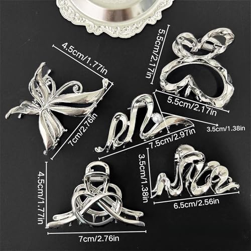 Silver Small Butterfly Wave Hair Claw Clips - Pack of 5 with Pearl & Crystal Accents