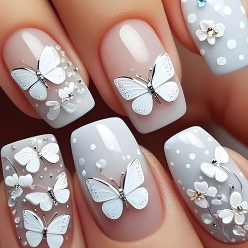 FIEONCIY Short Square Press on Nails with Designs - White Butterfly Floral, Glossy Fake Nails for Women & Girls