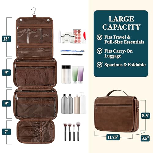 PAVILIA Dark Brown Large Hanging Toiletry Bag Travel Organizer for Men & Women