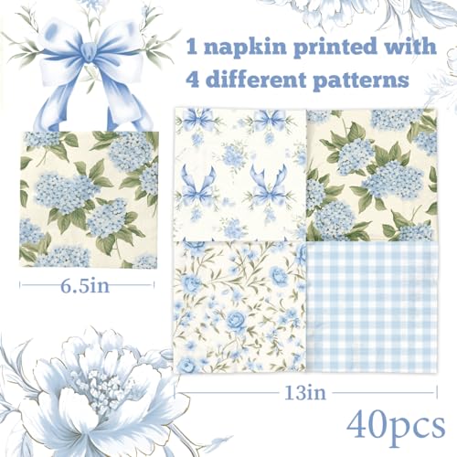 40 Floral Napkins - Blue & White Vintage Party Supplies