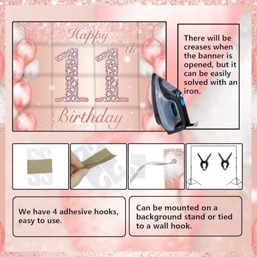 11th Birthday Rose Gold Banner - Pink Party Decor & Backdrop