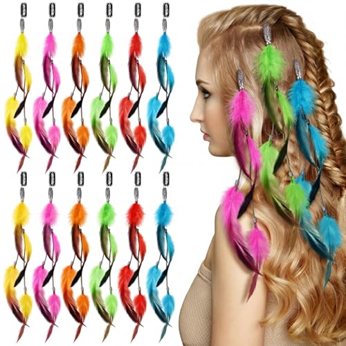 Geyoga 12 Pcs Colorful Clip-In Hair Feathers with Beads
