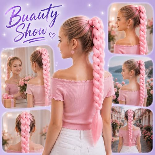 FancyCow 24-Inch Pink Braided Ponytail Extension for Kids & Cosplay