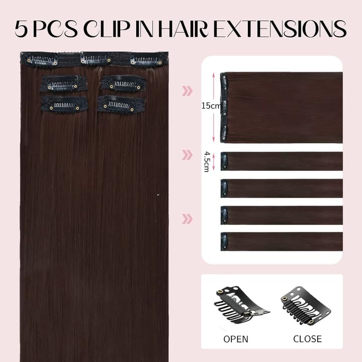 Short Clip-In Hair Extensions 14 Inch 4# Medium Brown - 100% Protein Fiber